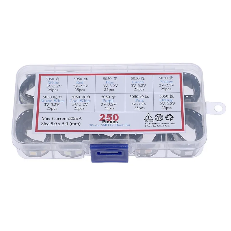 250pcs 10Value 5050/2020 SMD LED Diode Assortment Kit Warm Cool White Red Green Blue Yellow Orange Pink Light Beads