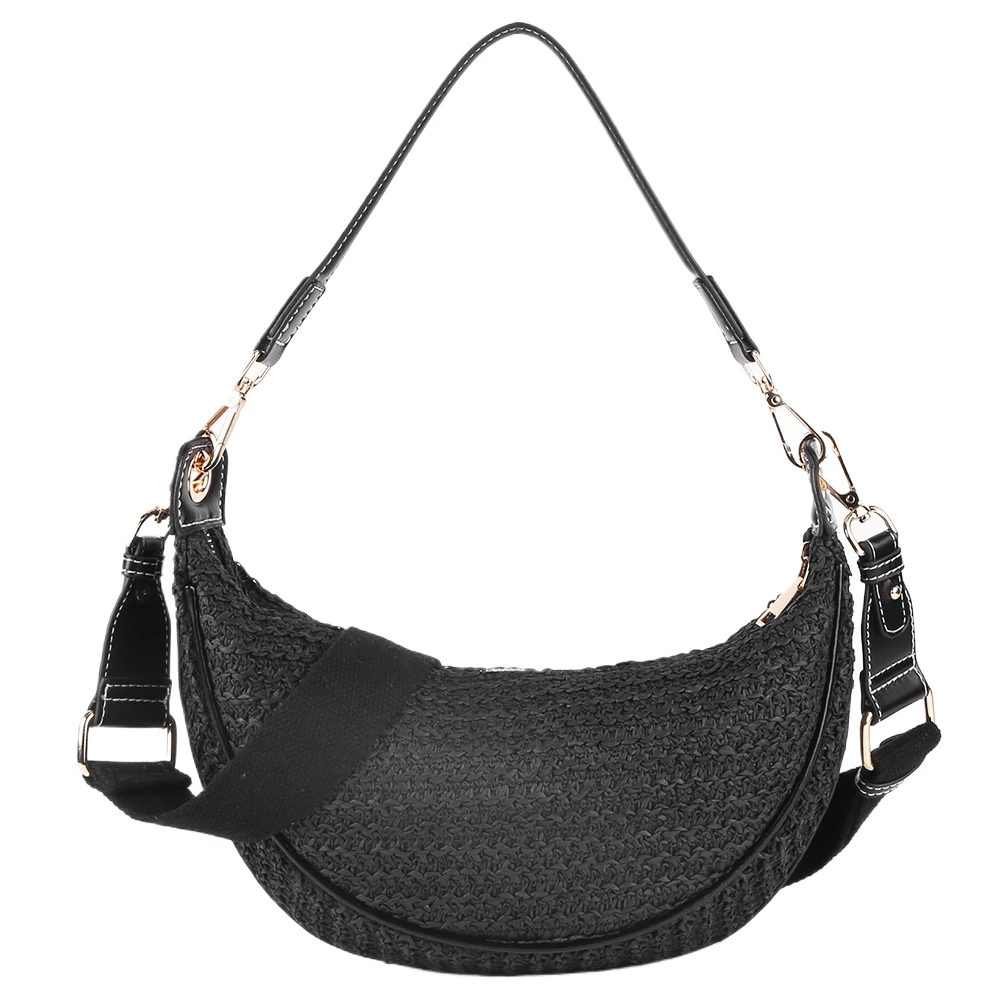 Summer Straw Weaving Shoulder Bag Women's Hand-Woven Crescent Bag Large Capacity Woven Crossbody Bag Bohemian Beach Underarm Bag