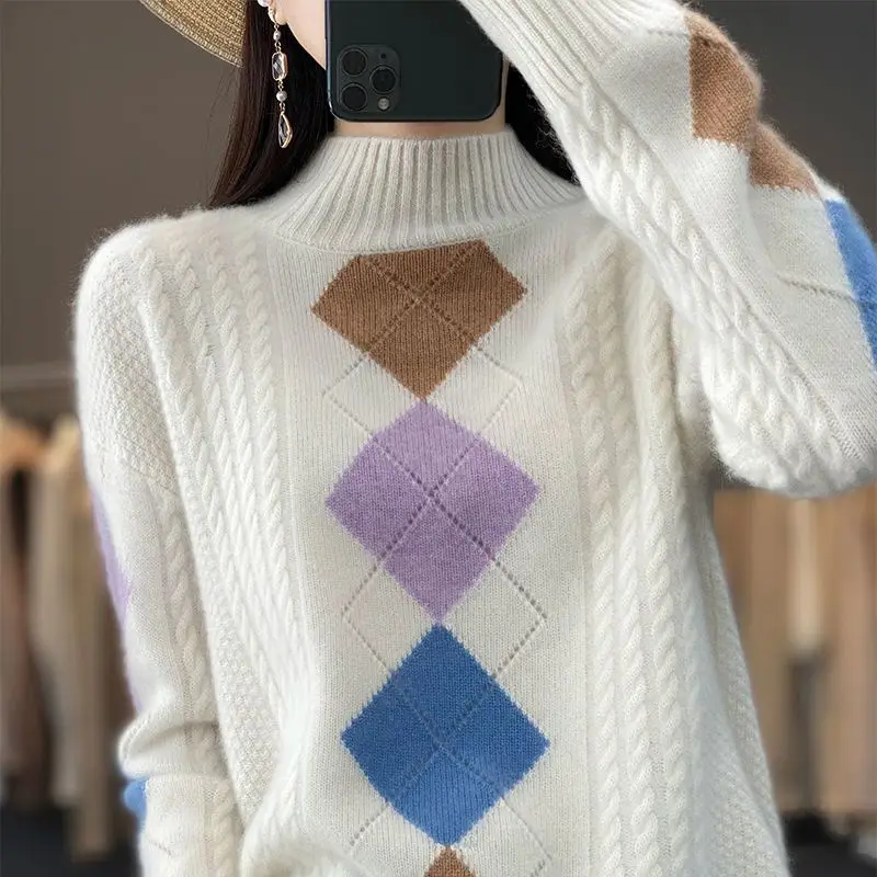 Autumn and Winter Women\'s Contrast Color Argyle Half High Collar Long Sleeve Knitted Sweaters Jumpers Fashion Casual Tops