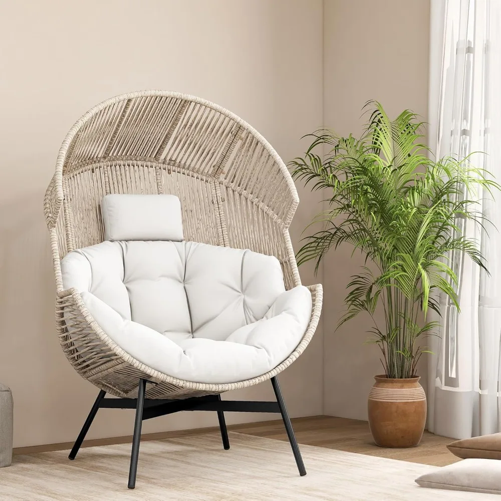 

Oversized Egg Style Chair, Wicker Stationary Patio Egg Chair w/Cushions & Headrest, Heavy-Duty Metal Frame, Customized