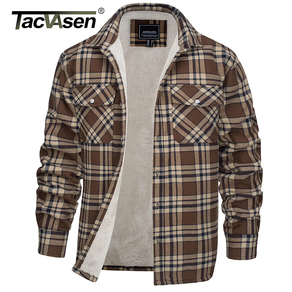 TACVASEN Men\'s Plaid Flannel Jacket Sherpa Fleece Lined Warm Winter Thick Working Coat Button Down Shirt Jacket with 3 Pockets