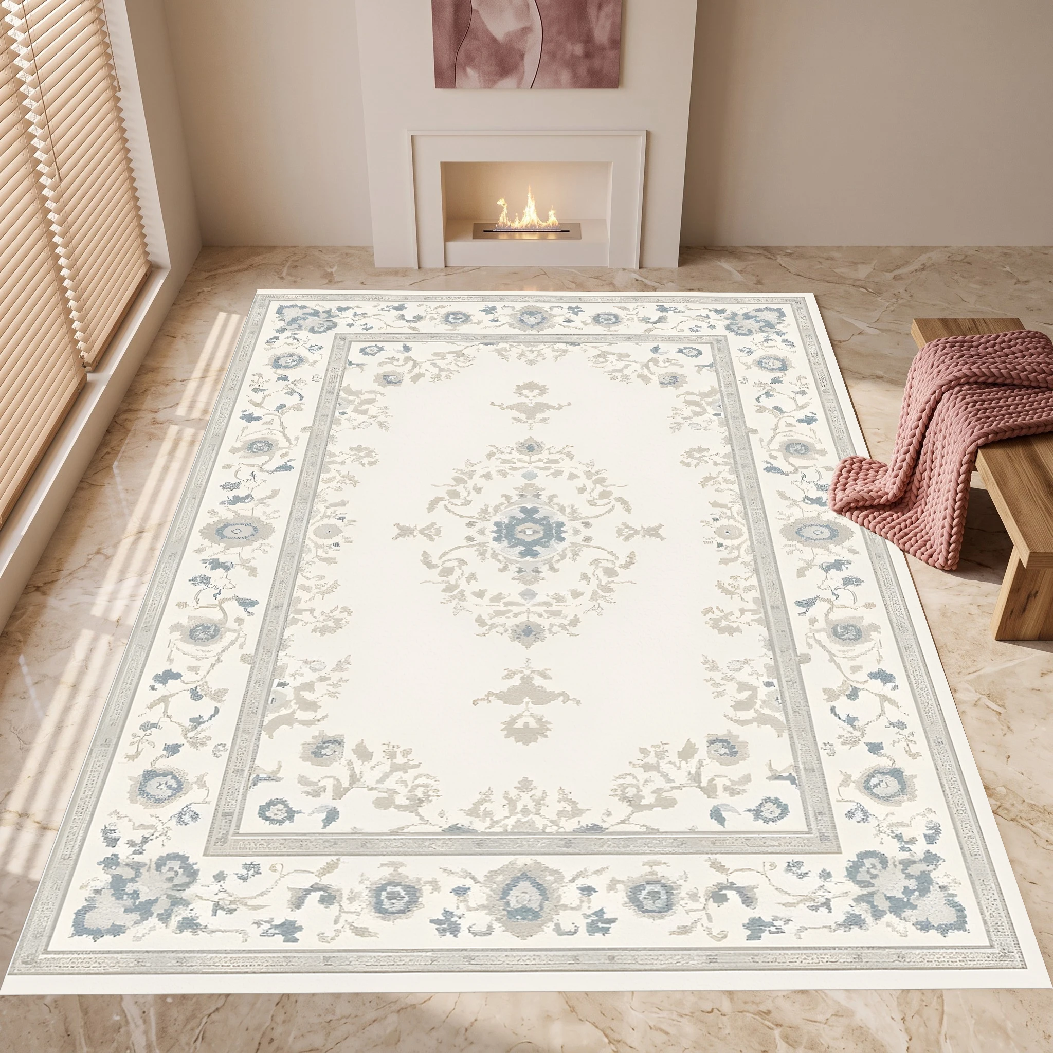 Light Beige Gray European Floral Velvet Area Rug, Retro Warm for Living Room Bedroom, Christmas Autumn Winter