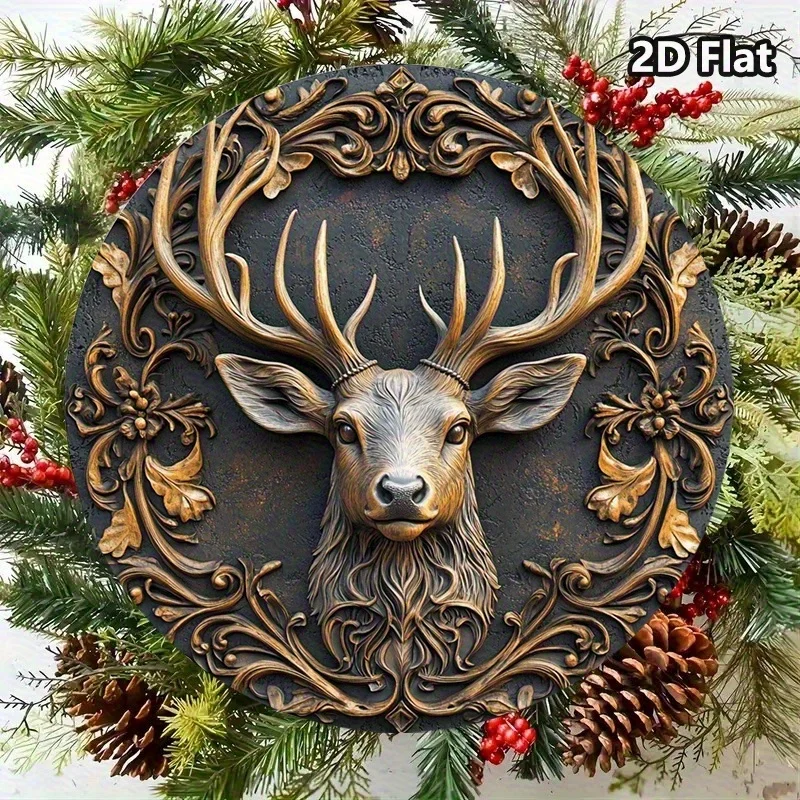 2D flache 1-Retro-Hirschkopf-Wandkunst – kreisförmiges Holzschild und wunderschönes Blumendesign, Hirsch-Heimdekoration