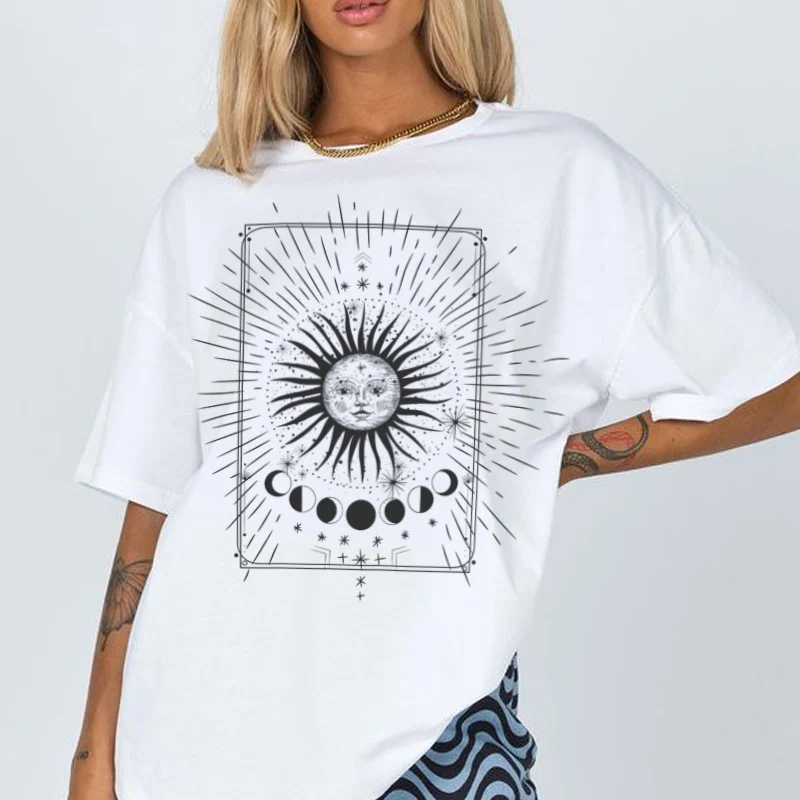 kuakuayu HJN Summer Short Sleeve Women T-Shirts Sun Moon Print Vintage Fashion Shirt Harajuku Streetwear Tops Cotton Graphic Tee