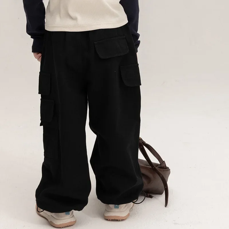 Girls Pants 2024 Autumn New Childrens Clothes Girls Baby Foreign Style Big Pockets High Waist Cargo Pants Casual Simple Daily image 3