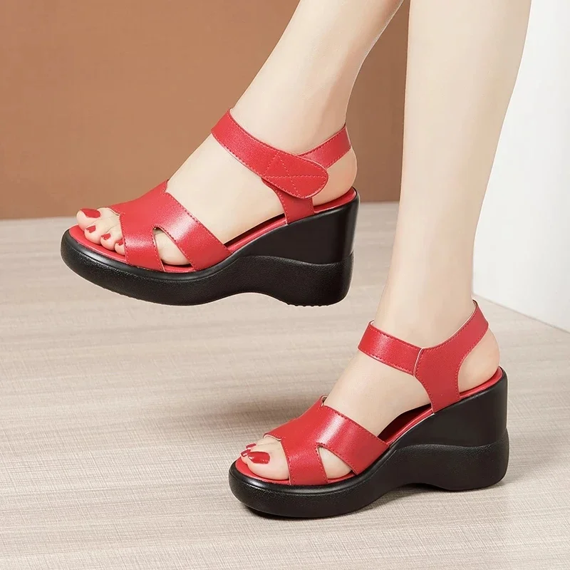 BEYARNE Wedges Heel 8cm High Heel Sandals Ladies  Summer New Platform Large Model Catwalk Red Sandals Size 32-43