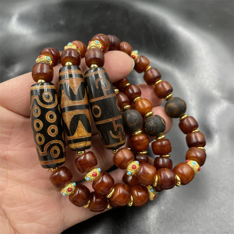 

Винтажный браслет в тибетском стиле с тигровым зубом дзи, 21 бусина, из старого агата, с тремя глазами.