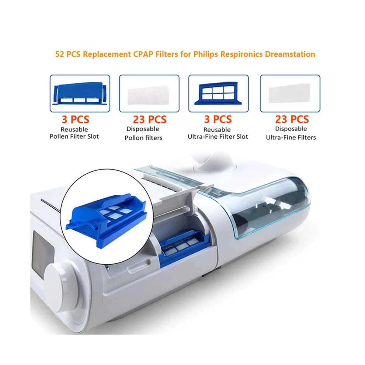 Filtros CPAP Substituição para Sono e Snorer, Filtros Algodão, 52Pcs