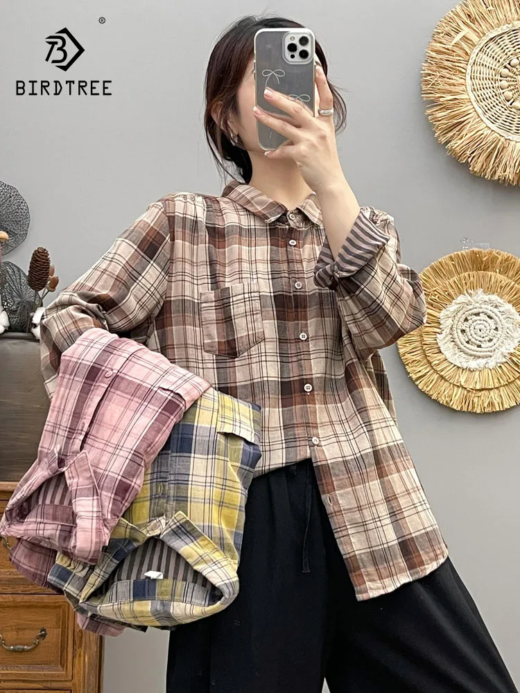

New 2025 Autumn Cotton Yarn Long Sleeve Shirt, Women Turn-down Collar Plaid, Mori Girl Retro Casual Soft Loose Blouse T58354CC