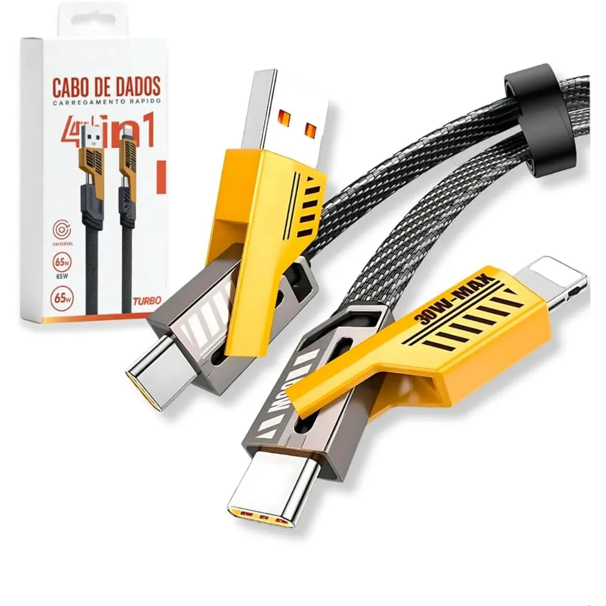 Cabo Carregador 4 em 1 65W Turbo Reforçado 1.2m نايلون Trançado Carregamento متوافق مع iPhone Android MacBook Tablet Notebook