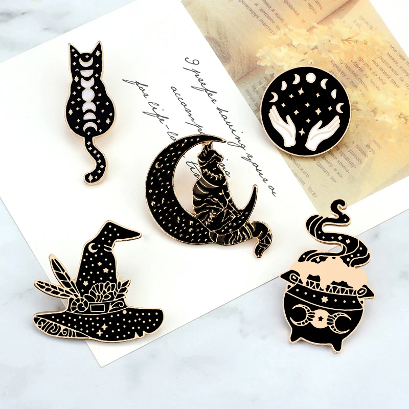 Punk Black Witch Enamel Pins Magic Wizard Stove Hat Moon Cat Brooches Bag Clothes Lapel Pin Gothic Badge Witchcraft Jewelry Gift