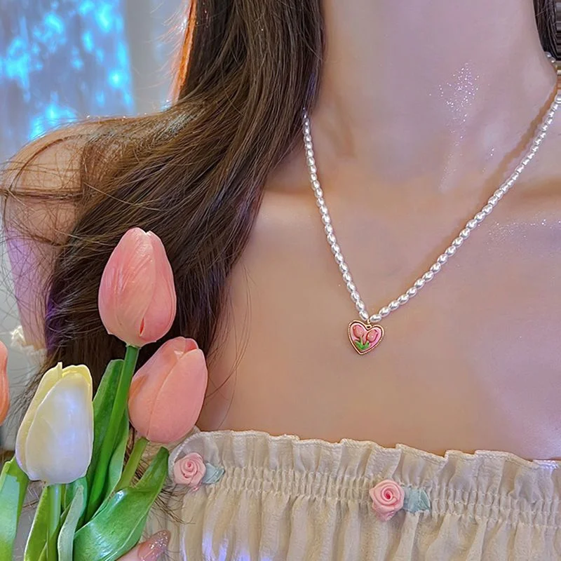 Pink Heart Tulips Flower Pearl Necklace  Choker Sweet Elegant Gift for Women Jewelry Korea Fashion Party Jewelry