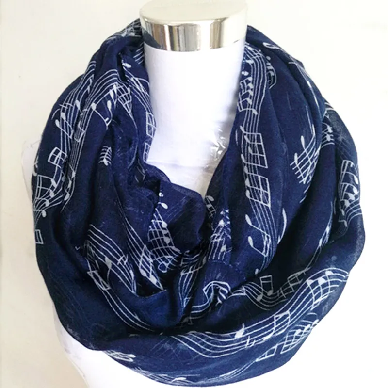 Drop Shipping Fashion White Navy Music Note Sheet Music Piano Notes Script Print infinity Scarves Ring Scarf Women Mother Gifts