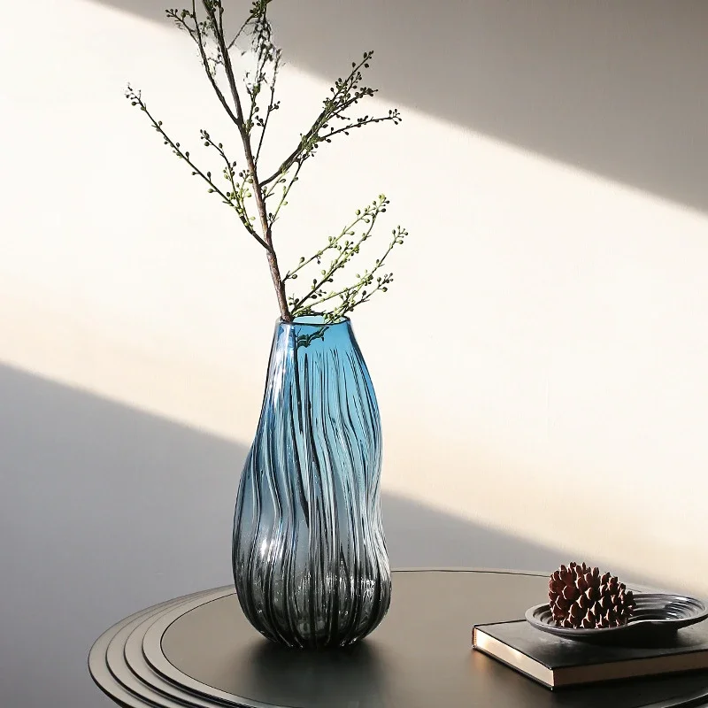 Glacier Blue Striped Small Mouth Twisted Glass Vase Ornament Porch Living Room Bedroom Tabletop Dining Table Home Art Decoration