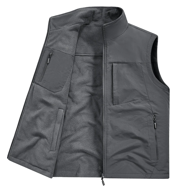 Autumn Winter Men Fleece Lined Vest Jacket Men Stand Collar Vest Men Solid Color Sleeveless Jacket Male Multi Pocket Waistcoat