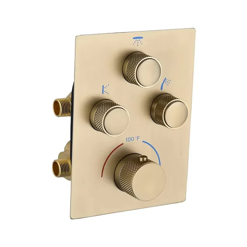 Brushed Gold 3 Way Thermostatic Shower Valve Kit Button Type Diverter Control Water Flow Switch for Bathroom Plumbing Fixture