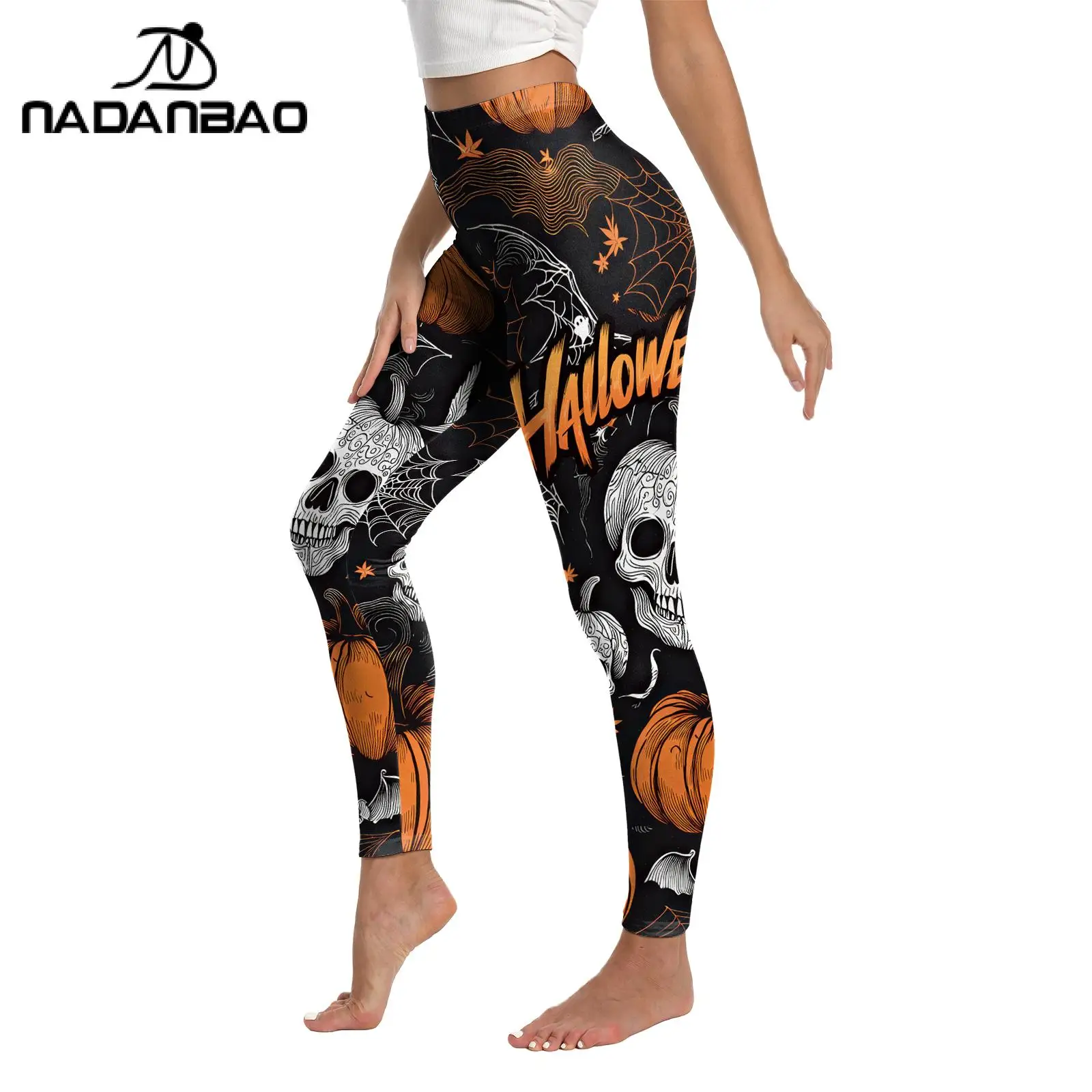 Nadanbao Pumpkin Skull Print  Women's Leggings Halloween Funny Party Trousers Summer Sexy Mid Waist Pants Casual Workout Bottoms - view 5
