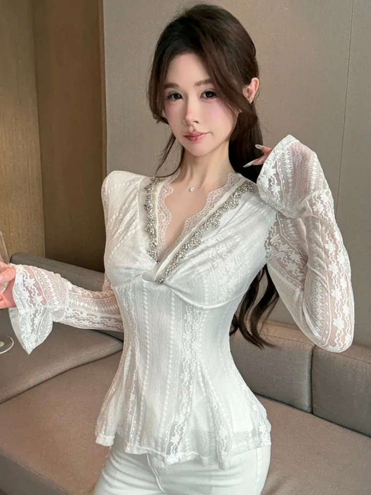 

Pure Desire Court Style V-Neck Heavy Embroidery Diamond Lace Shirt Autumn Winter New Long Sleeve Waist Cinching Slimming Top ...