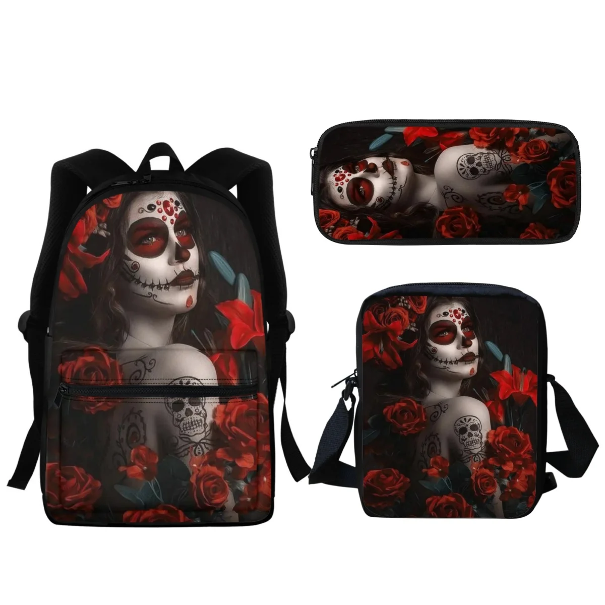 3PC SchoolBags Back to School Halloween Gift Horror Thriller Skull Rose Girl Design Fashion Backpack Portable Lunch Satchel New