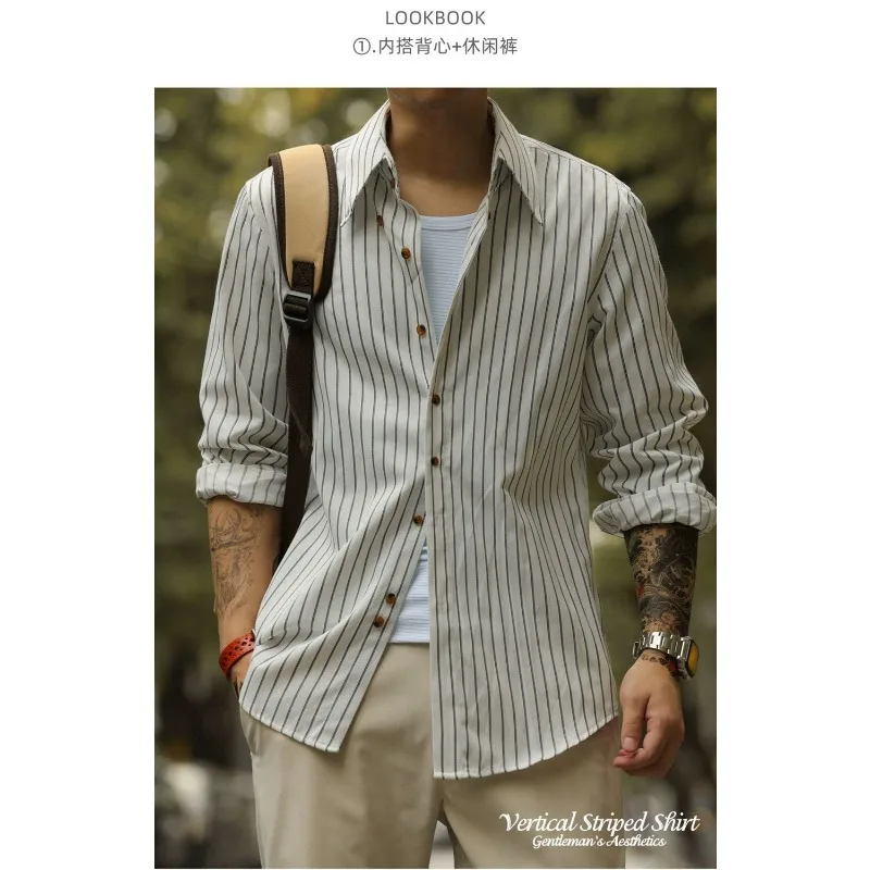 قميص فرنسي مخطط بأكمام طويلة مع ياقة مدببة للخريف قميص رجالي جديد عصري غير رسمي خالي من الحديد بقصة ضيقة ومتعدد الاستخدامات #2