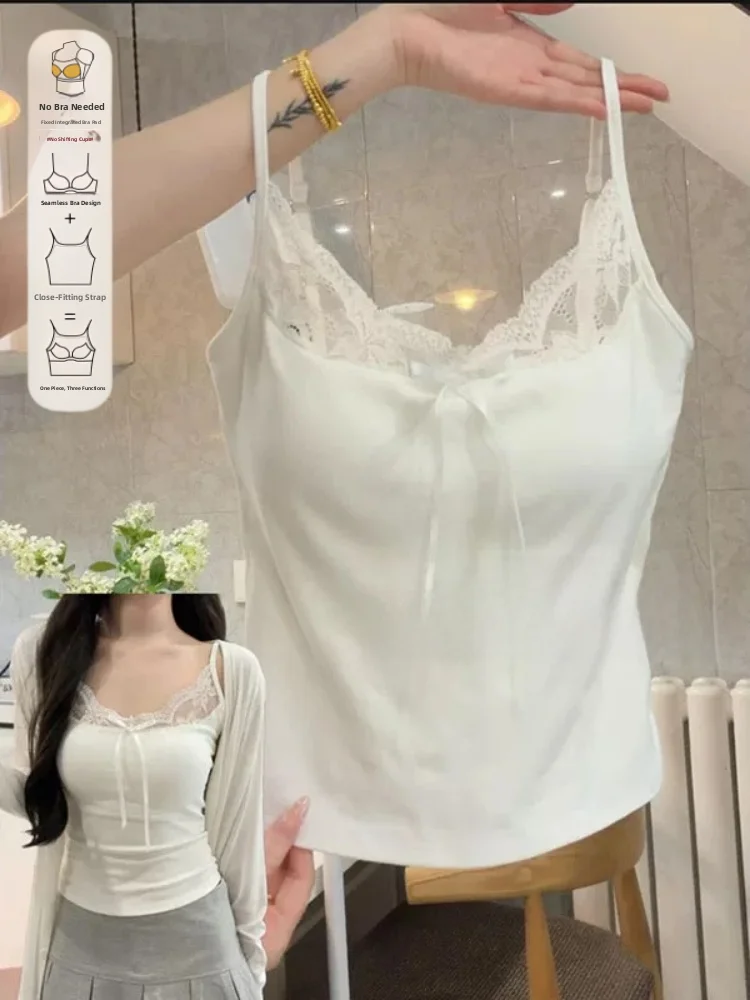 Lace Trim Camisole Tank Top Women's New Style plus Size Inner Wear Outer Wear Slim Fit Base Shirt Spring Summer Cotton 95%