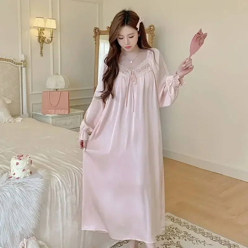 2026 Autumn Long Sleeve Sexy Lace Ice Silk Satin Nightgowns for Women Korean Cute Sleepwear Night Dress Nightdress Home Nighty 2