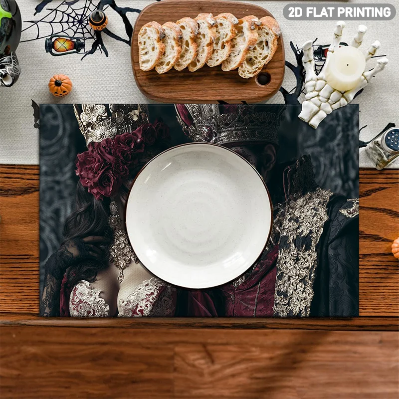 4pcs Halloween Placemat Set, Skull Flower Wreath Print, 2D Flat Mats for Kitchen Restaurant Daily Holiday Table Decor