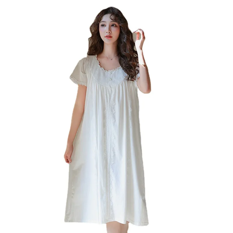 Vintage Pure Cotton Night Dress Fairy Women Round Neck Short Sleeve Nightgown Sexy Long Nightgown Princess Lace Robe Sleepwear