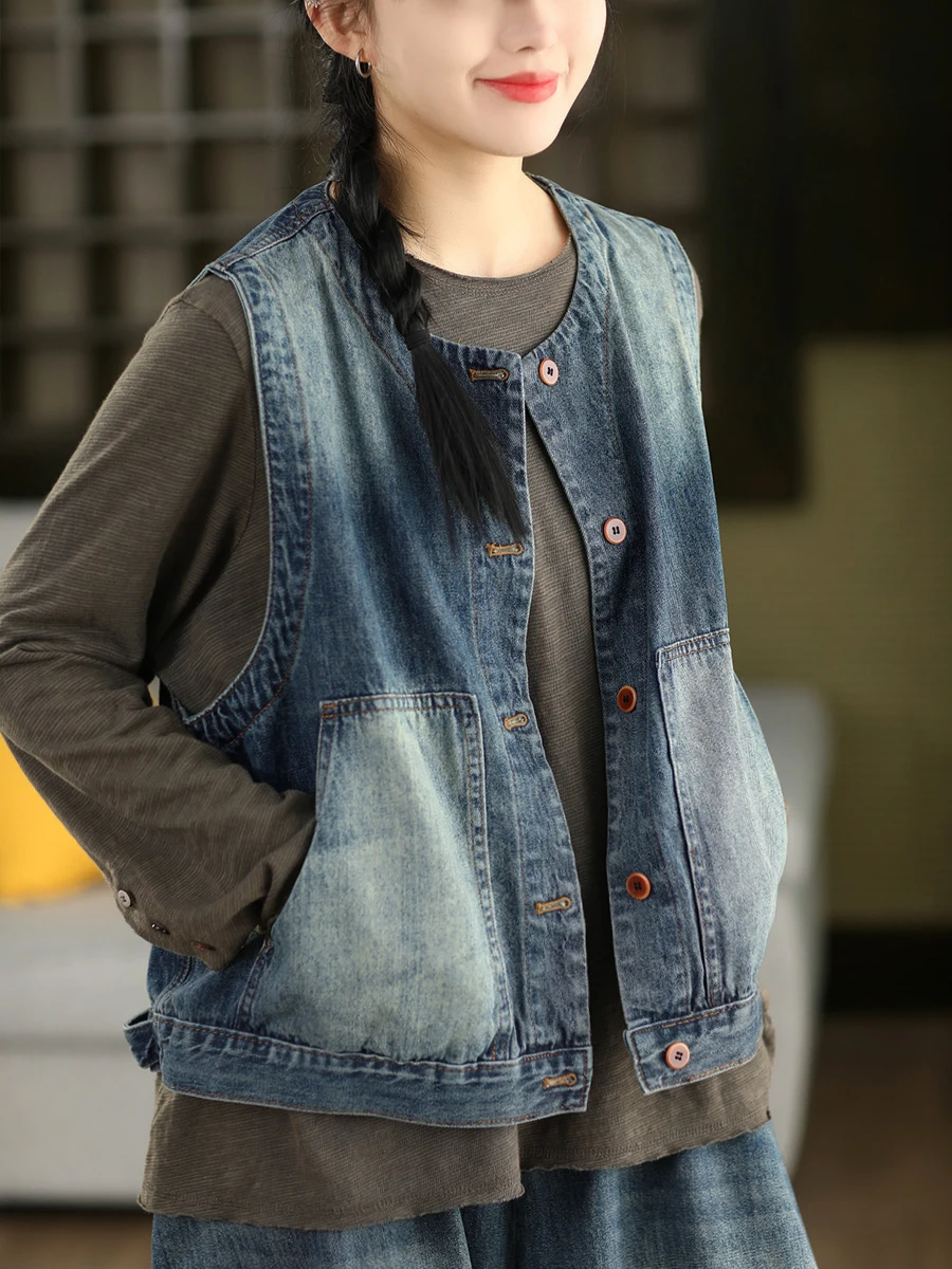 

Retro Waed Denim Vest Women's Single Button Svel Jaet Outerwear Top Purple Pasture High-End Series Spring 2026