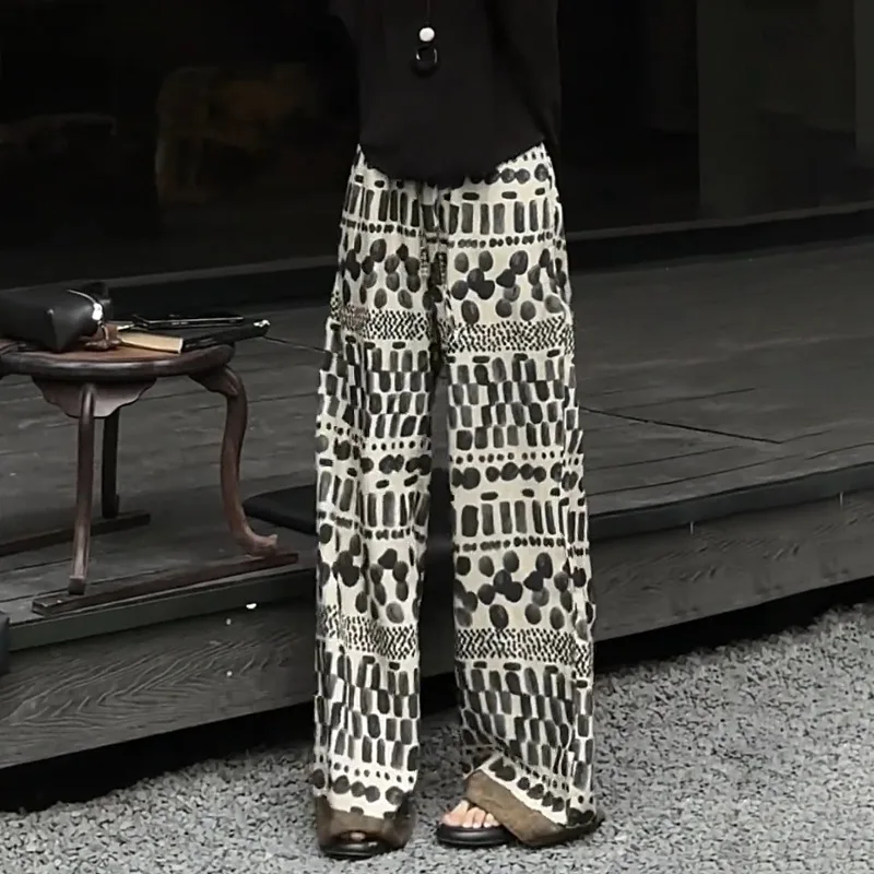 Loose Wide-leg Pants for Women's Autumn Fashion Versatile New Thin Tencel Pants, Comfortable Printed Pattern Drape Casual Style.