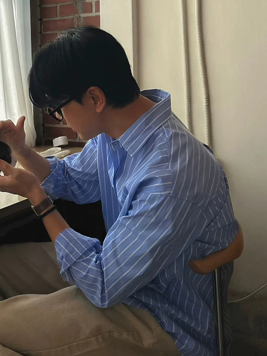 Loose Fit Ice Silk Men's Striped Shirt Lightweight Quick Dry Chiffon Workwear Open Cardigan Style Long Sleeve Sun Protection