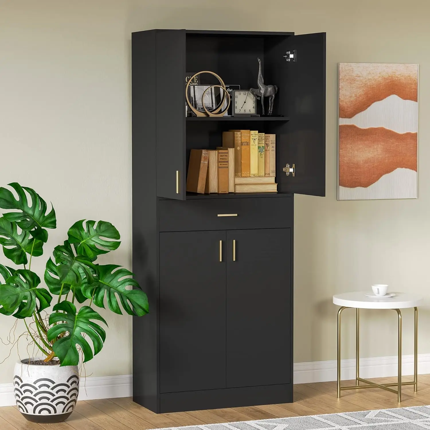 Kitchen Storage Cabinet 71" Tall 4 Doors Wood Freestanding Cupboard with Sliding Drawer and 2 Adjustable Shelves