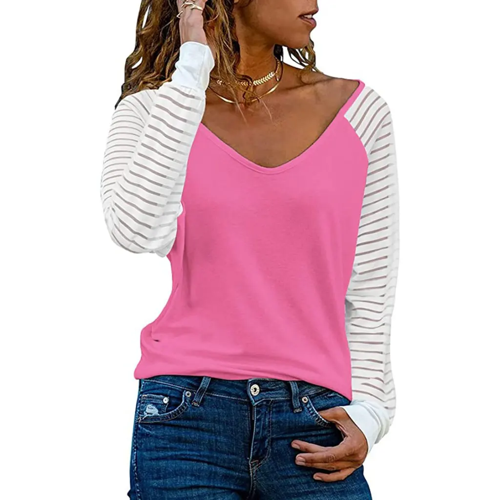 

Women's V-Neck Long Sleeve Top Color Match Transparent Raglan Autumn Winter New Arrivals European American Style