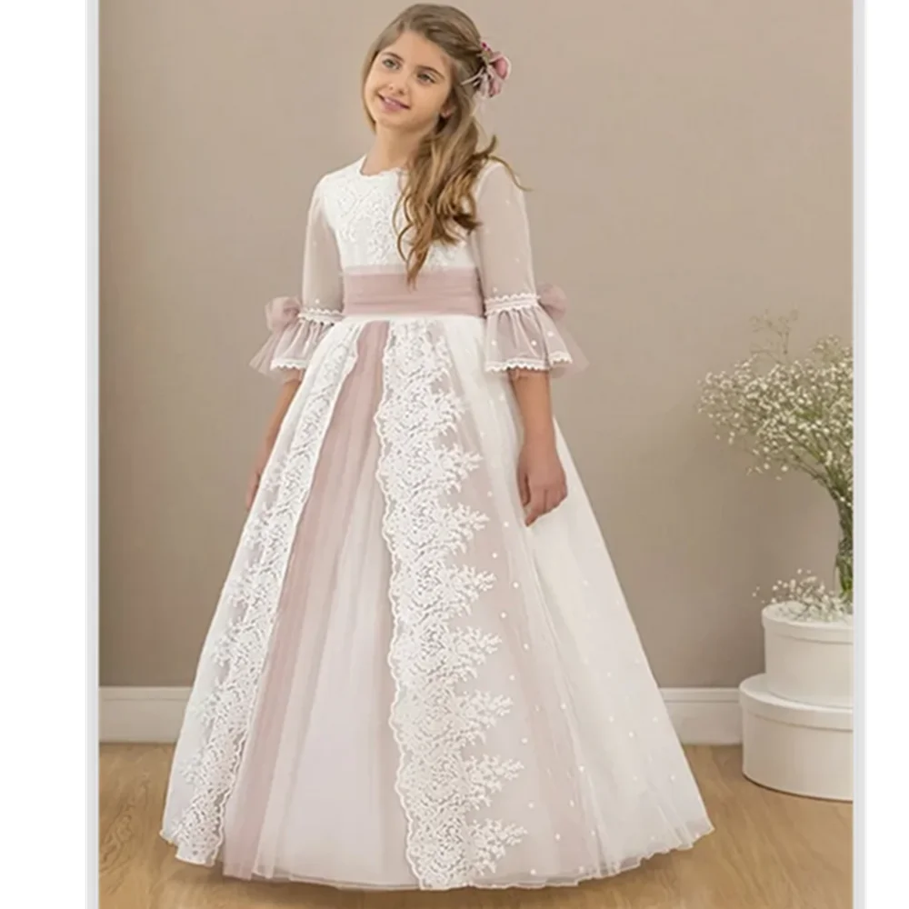 Pink Flower Girl Dresses Tulle Puffy Tiered Flory Pattern Long Sleeve For Wedding Birthday Party First Communion Gowns