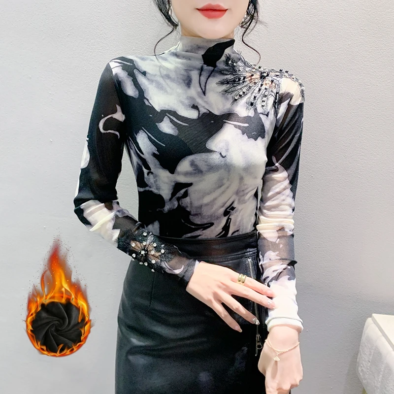 2024 New Fall Winter Korean Clothes Mesh T-Shirt Chic Sexy Wash Painting Patchwork Embroidery Women Tops Long Sleeve Tees 311050 image 4
