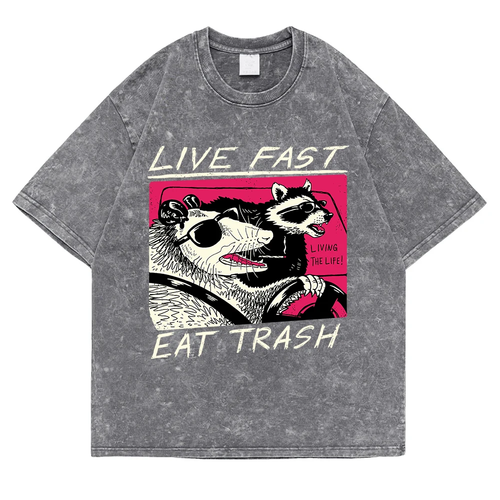 Live Fast Eat Trash Living The Life Womens Tees Summer American Retro Cotton T-Shirts Normcore Leisure Anime Tee Shirt Leisure