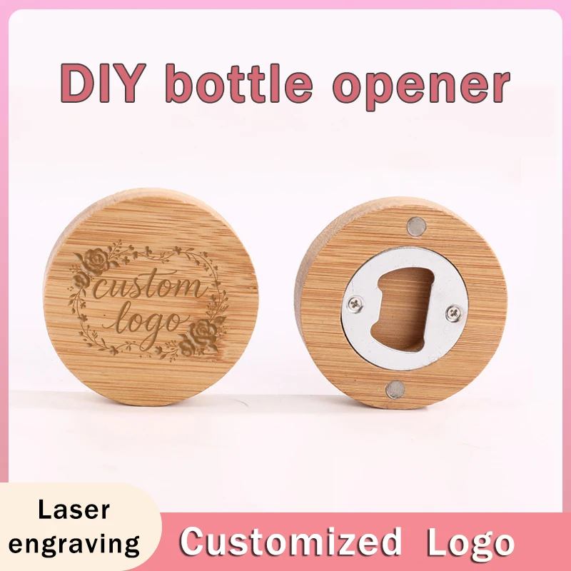 5pcs Creative Bamboo Portable Bottle Openers Customized Logo Laser Engraving Image Home Decoration Round Small Ornaments