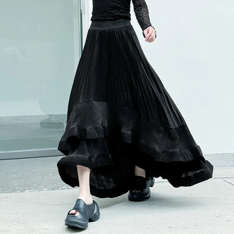 Yaonovni moda plissado irregular saia longa feminina cintura alta solta babados retalhos elegante saias longas casuais 2025 novo