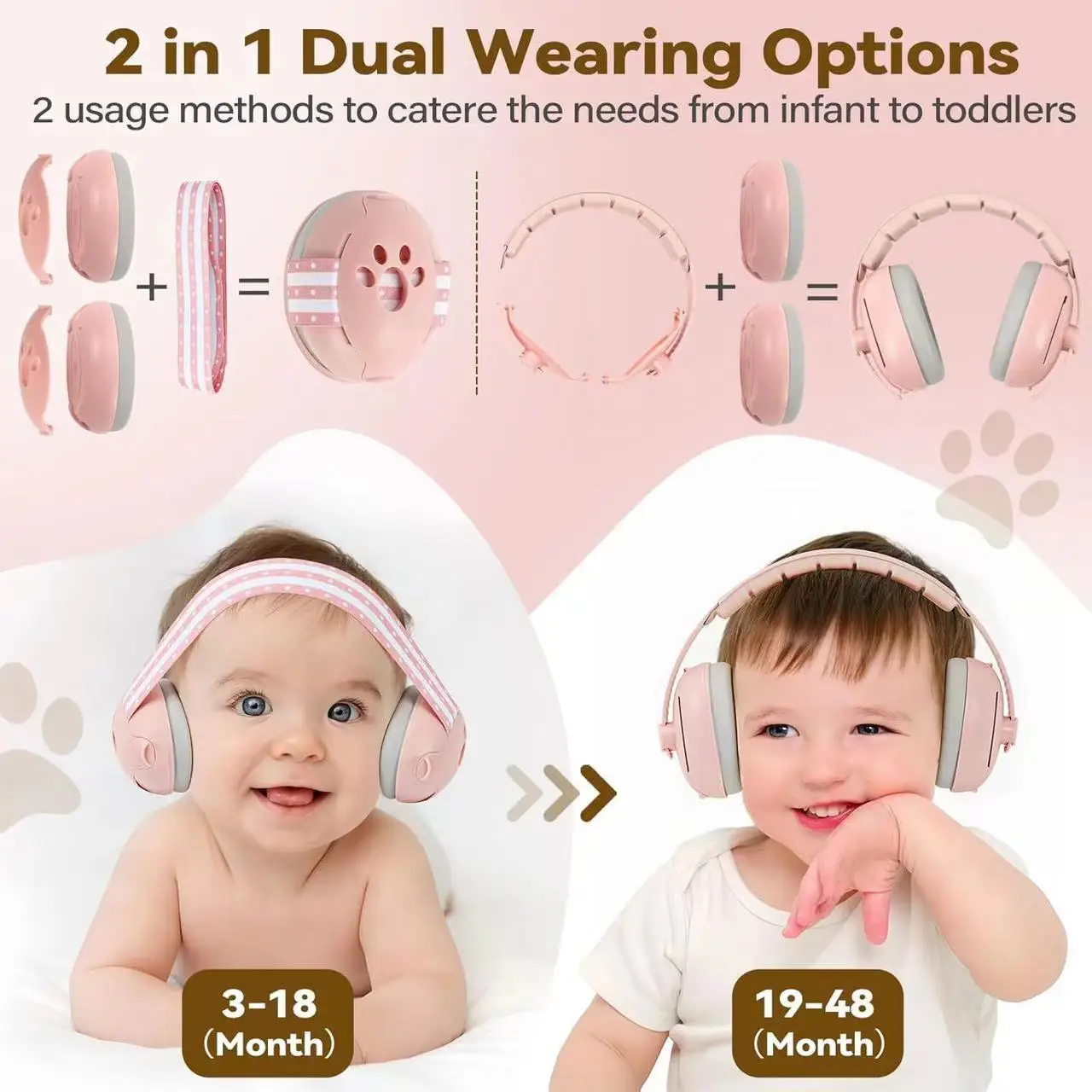 2-in-1 Baby Ear Protection Noise Cancelling Headphones Convertible Design Noise Reduction Earmuffs for Infant Improves Sleep.