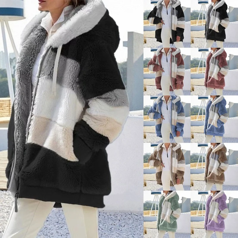 Winter Women Jacket Warm Plush Casual Loose Hooded Coat Mixed Color Patchwork Winter Outwear Faux Fur Zipper Ladies Parka Coat