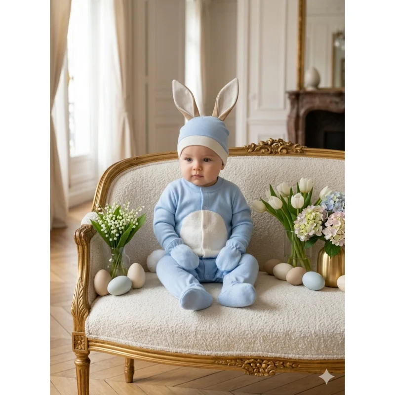 Newborn Welcome Home Baby Set，Soft cotton bunny-themed jumpsuit paired with matching hat and mittens，Skin-Friendly and Breathabl