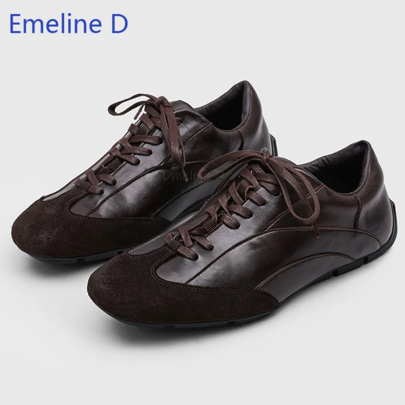 Men Vintage Stitching Casual Shoes Leather Suede Combined Lace Up Flat Thin Base Lightweight Fashion Daily Commute Sneakers