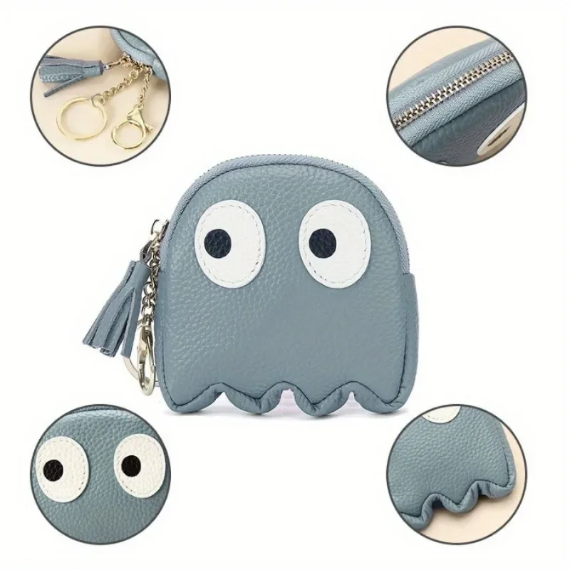 1PC Cute Cartoon Head Layer Cowhide Coin Purse Clutch Mini Creative Zipper Coin Purse Keychain Ladies Coin Purse