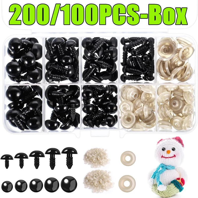 200/100PCS-Box Plastic Black Safety Eyes For Toys Mix Size Crochet Animal Eye DIY Crafts Making Doll Toys Amigurumi Accessories