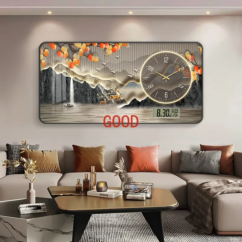 

Perpetual Calendar Landscape Decorative Painting Restaurant New Chinese Clock Hanging Painting Living Room Home Clock Mural