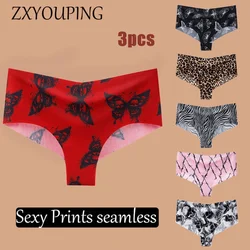 3PCS Printed Ice Silk Seamless Panties Mid-waist Sports Yoga Fitness Invisible Underwear for Women panty S-XL