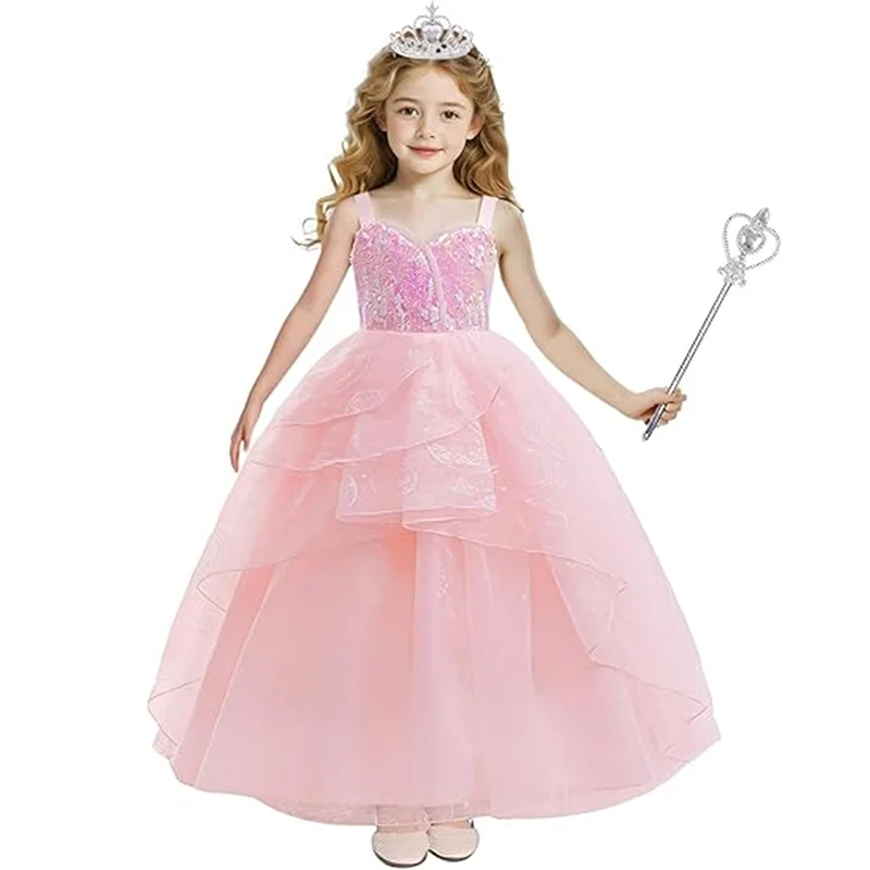 Wicked Magic Cosplay Costume Pink Sequins Flower Princess Dress For Children Girls Wedding Evening Halloween Party Gown 4-12Yrs