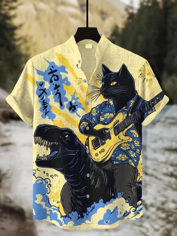 

Мужская рубашка с коротким рукавом с принтом Black Cat Plays Guitar Art Harajuku Y2k, летняя рубашка с воротником-стойкой, забавная блузка на пуговицах, шикарная спортивная футболка