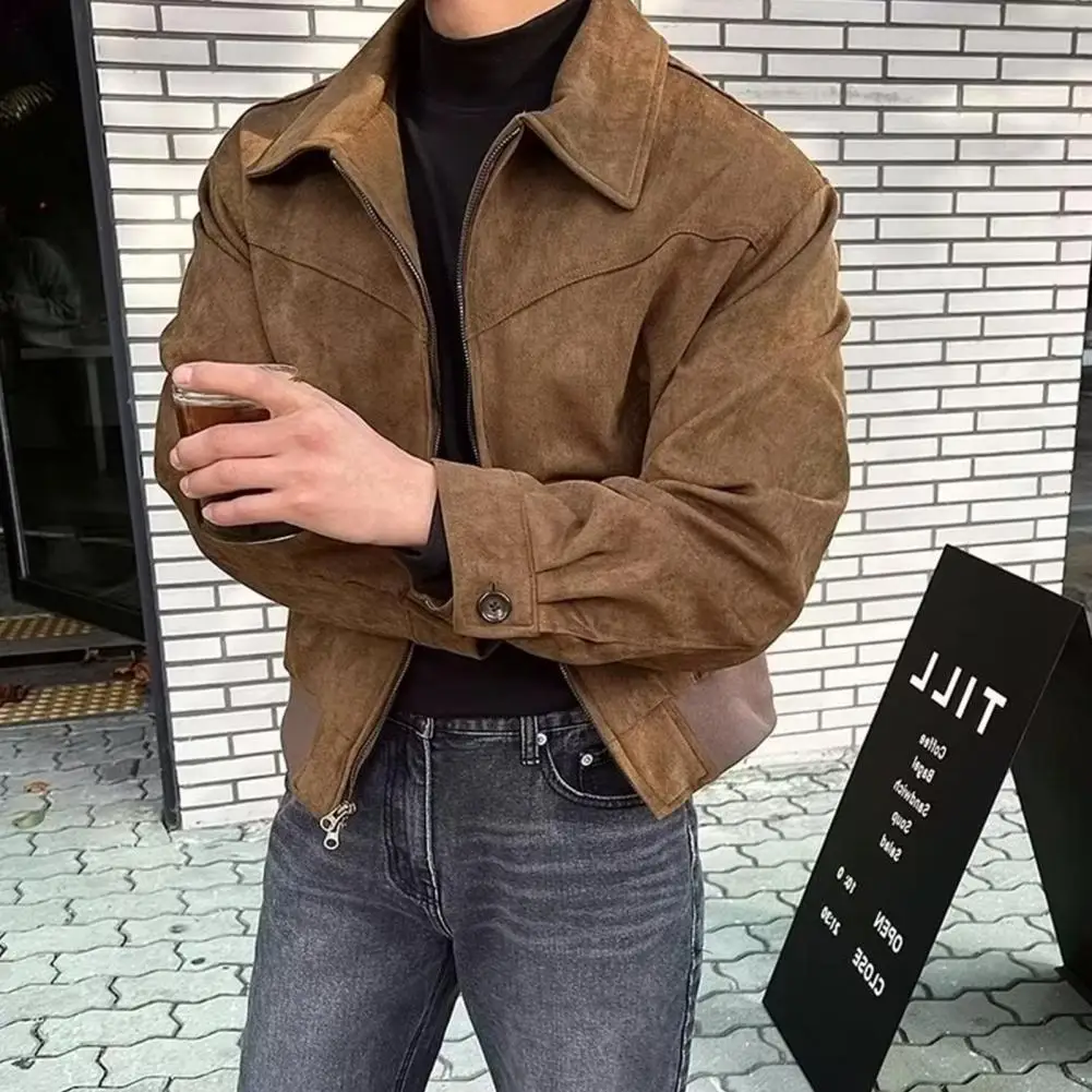 Men Zip-up Jacket Stylish Men\'s Lapel Jacket with Zipper Closure Side Pockets Solid Color Outwear for Short Style Long Sleeve