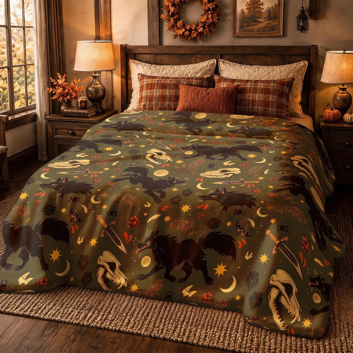 1pc Dark Forest Black Wolf Skull Star Moon Themed Flannel Blanket - Large Size, Soft, Lightweight, and Warm, Suitable for All Se